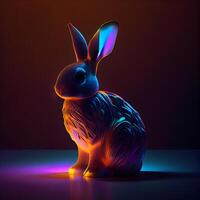 konijn in neon licht Aan een donker achtergrond. 3d weergave, ai generatief beeld foto