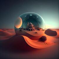 3d illustratie van een fantasie planeet met een tempel in de woestijn, ai generatief beeld foto