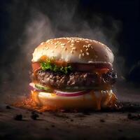 Hamburger met rook Aan een zwart achtergrond. detailopname., ai generatief beeld foto