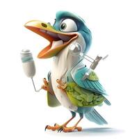 tekenfilm vogel met een injectiespuit Aan een wit achtergrond. 3d illustratie, ai generatief beeld foto