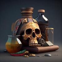 piraat nog steeds leven met schedel en fles. 3d illustratie., ai generatief beeld foto