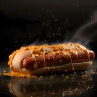 heet hond met mosterd en ketchup Aan een donker achtergrond met rook, ai generatief beeld foto
