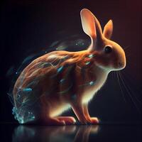konijn met gloeiend lijnen en deeltjes Aan donker achtergrond. 3d weergave, ai generatief beeld foto
