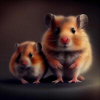 hamster familie Aan een donker achtergrond. detailopname. 3d weergave, ai generatief beeld foto