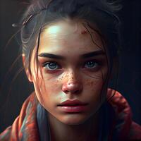 detailopname portret van een meisje met bloed Aan haar gezicht., ai generatief beeld foto