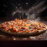 heet pizza met smelten kaas en salami Aan een zwart achtergrond., ai generatief beeld foto