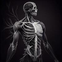 menselijk skelet anatomie, geïsoleerd Aan zwart achtergrond. 3d illustratie., ai generatief beeld foto