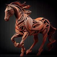 paard in hout Aan een donker achtergrond. 3d weergave., ai generatief beeld foto