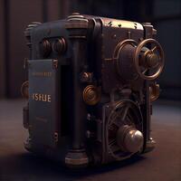 3d renderen van een oud steampunk stijl film camera in een donker kamer, ai generatief beeld foto