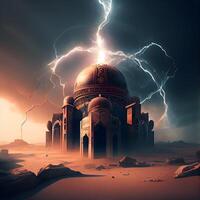 storm over- de koepel van de moskee in de woestijn. 3d weergave, ai generatief beeld foto