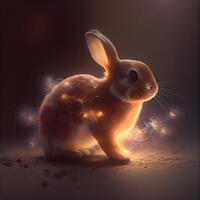 schattig weinig konijn met magie licht Aan donker achtergrond. 3d weergave, ai generatief beeld foto