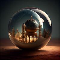 kristal bal met moskee en zonsondergang. Ramadan kareem viering concept., ai generatief beeld foto
