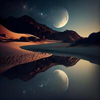 woestijn landschap met maan en sterren. 3d weergave, ai generatief beeld foto