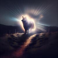 herder hond wandelen Aan een pad in de bergen met stralen van licht, ai generatief beeld foto