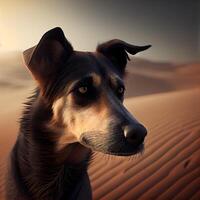 hond in de woestijn Bij zonsondergang, 3d renderen en illustratie., ai generatief beeld foto