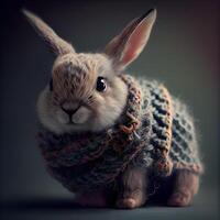 schattig weinig konijn vervelend een gebreid sjaal Aan grijs achtergrond., ai generatief beeld foto