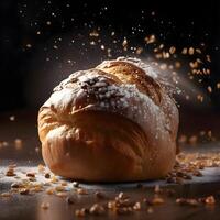 chocola muffin Aan zwart achtergrond met spatten van cacao poeder, ai generatief beeld foto