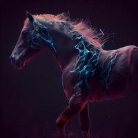 paard met spatten van verf Aan een zwart achtergrond. 3d weergave, ai generatief beeld foto