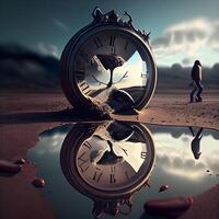 tijd concept. oud klok met reflectie in water. 3d weergave, ai generatief beeld foto