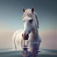 wit paard in de water met reflectie in de water. 3d veroorzaken, ai generatief beeld foto