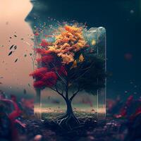 3d illustratie van een boom met herfst bladeren in een glas kan, ai generatief beeld foto