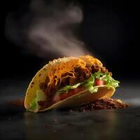 taco met vlees en groenten Aan een zwart achtergrond. kopiëren ruimte., ai generatief beeld foto