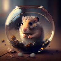 hamster in een ronde glas aquarium Aan een houten achtergrond. 3d weergave, ai generatief beeld foto