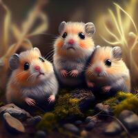 drie hamsters zittend Aan een rots in de herfst Woud, digitaal schilderen, ai generatief beeld foto