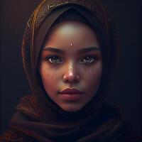 portret van een mooi moslim vrouw met bruin haar- en Arabisch bedenken., ai generatief beeld foto