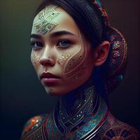 3d renderen van een vrouw cyborg met een mooi verzinnen, ai generatief beeld foto