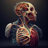 menselijk lichaam anatomie met bloedsomloop systeem Aan zwart achtergrond. 3d weergave, ai generatief beeld foto