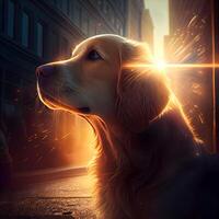 gouden retriever hond in de stralen van de instelling zon in de stad, ai generatief beeld foto