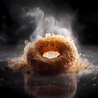 vallend donut met oranje sap plons Aan donker achtergrond. 3d weergave, ai generatief beeld foto