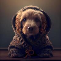 cocker spaniel puppy vervelend een warm wollen trui en hoed, ai generatief beeld foto