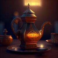 Arabisch theepot met de opschrift Ramadan kareem. 3d weergave, ai generatief beeld foto