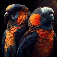 twee mooi papegaaien Aan een donker achtergrond. detailopname., ai generatief beeld foto