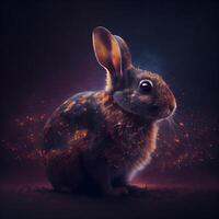 fantasie beeld van een schattig weinig konijn Aan een donker achtergrond., ai generatief beeld foto