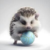 egel met een bal en een voetbal bal Aan een wit achtergrond, ai generatief beeld foto