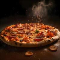 pizza met ham en Mozzarella Aan een donker achtergrond., ai generatief beeld foto