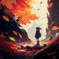 wandelen meisje in herfst Woud met een rugzak. illustratie., ai generatief beeld foto