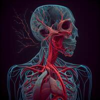 menselijk hart anatomie met bloed schepen. 3d medisch illustratie Aan zwart achtergrond., ai generatief beeld foto