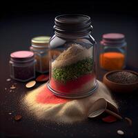 specerijen in een glas pot Aan een donker achtergrond. 3d weergave, ai generatief beeld foto