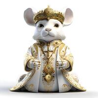 3d renderen van een schattig wit muis vervelend een goud kroon en Holding een goud medaille, ai generatief beeld foto