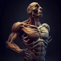 conceptuele anatomie menselijk lichaam met spieren Aan donker achtergrond., ai generatief beeld foto