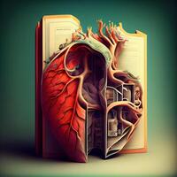 Open boek met hart orgaan Aan groen achtergrond. 3d illustratie., ai generatief beeld foto