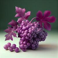Purper druiven met bladeren Aan een groen achtergrond. 3d illustratie, ai generatief beeld foto
