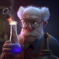oud wetenschapper met een fles in zijn hand. 3d illustratie., ai generatief beeld foto