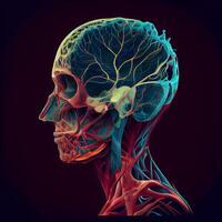 menselijk hoofd met nerveus systeem en brein, 3d illustratie, horizontaal, ai generatief beeld foto