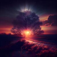 fantasie landschap met een eenzaam boom in de veld- Bij zonsondergang., ai generatief beeld foto