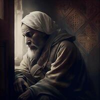 portret van een oud Mens in de interieur van de moskee., ai generatief beeld foto